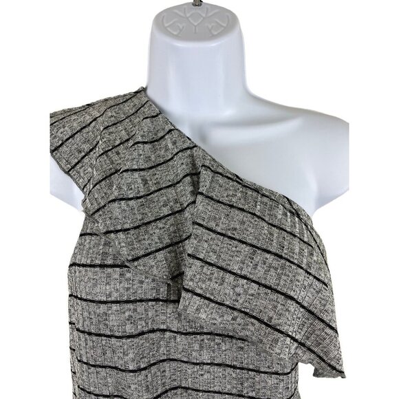 Juicy Couture Women's Top Shirt One Shoulder Ruffle Grey Black Stripe XL NEW - Picture 2 of 7